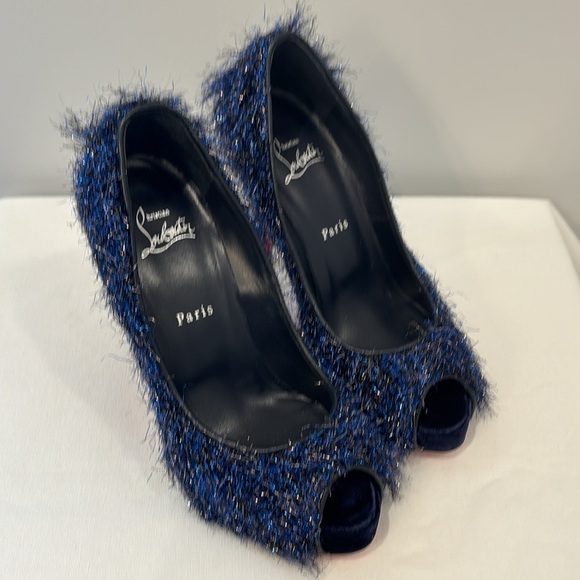 Christian Louboutin Very Prive 120 Peep Toe Heel size 39 Blue Metallic Tinsel - Picture 7 of 11
